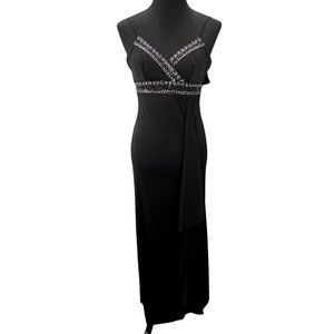 De Laru Beaded Prom Evening Dress Black size 3/4 Long Surplice V Neck Sheath